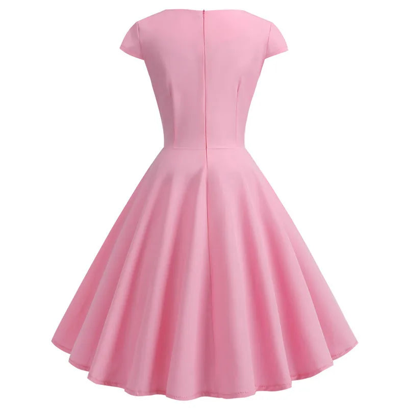 Pink Summer Dress Women V Neck Big Swing Vintage Dress Robe Femme Elegant Retro pin up Party Office Midi Dresses 2024 New