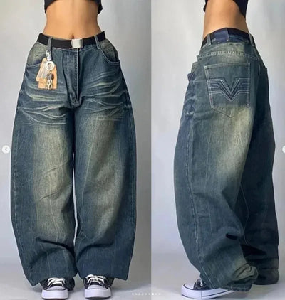 New Retro American Street Hip-hop Loose Jeans Female Y2K Harajuku High Waist Wide Leg Pants Gothic Wide Pants Street Pants Male