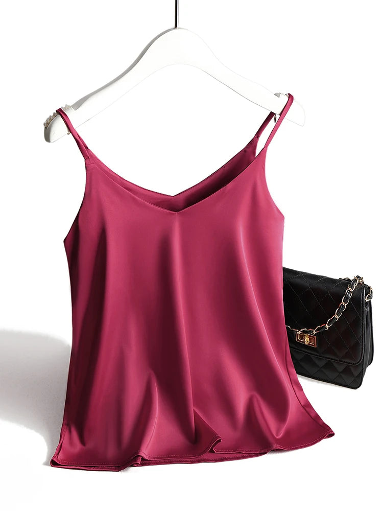 Spaghetti Strap Top Women Halter V Neck Basic White Cami Sleeveless Satin Silk Tank Tops Women&