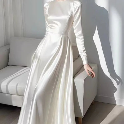 2024 Autumn Elegant Satin Women's Long Sleeve Dress Round Neck White French Midi Skirt Women's A-Line Evening dresses N1013-1