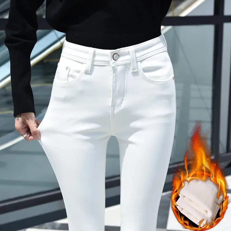 White Add Velvet Thicken Women Jeans Autumn Winter Korean Version Of Tight Pencil Pants High Waist Keep Warm Black Feet Pants