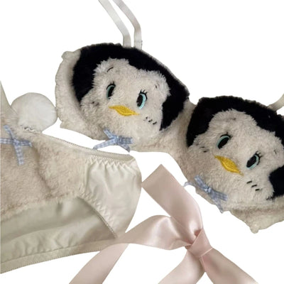 Women's Cartoon Panda Pattern Winter Lingerie Furry Plush Bra and Panty Set School Girl Japanese Anime Cosplay Underwear