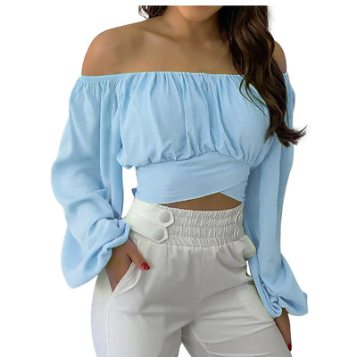 Sexy Slash Neck Backless Long Lantern Sleeve Floral Print Blouse Tops Summer Women Criss Cross Bandage Cropped T Shirt Tops
