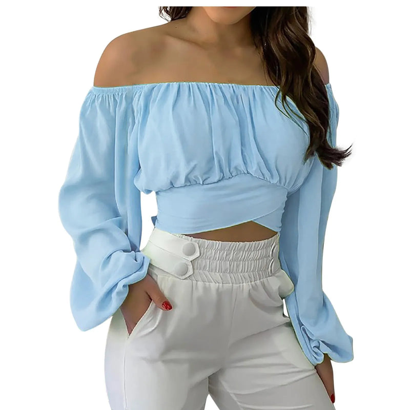Sexy Slash Neck Backless Long Lantern Sleeve Floral Print Blouse Tops Summer Women Criss Cross Bandage Cropped T Shirt Tops