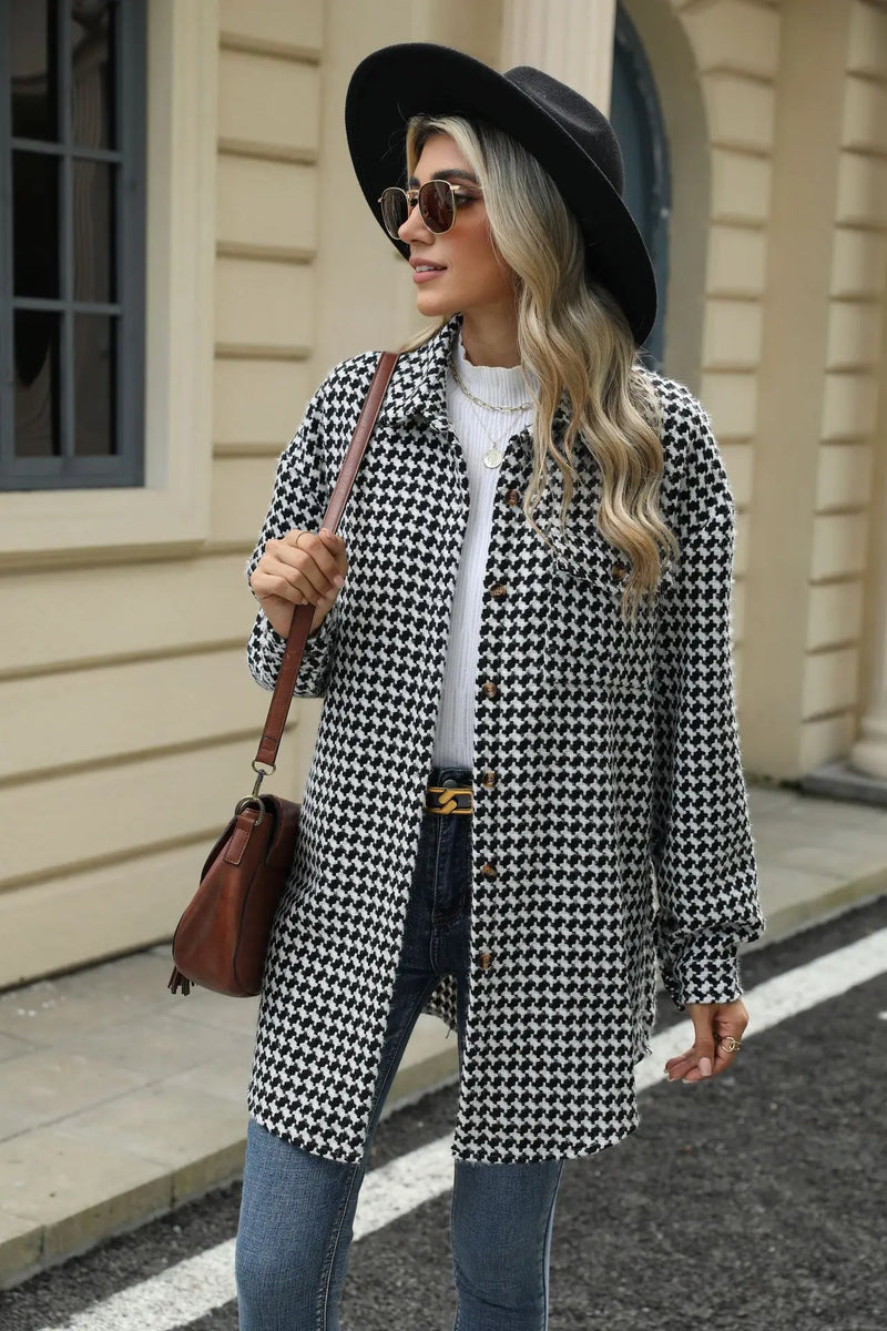 Women New Houndstooth Lapel Top Mid-length Woolen Coat for Women