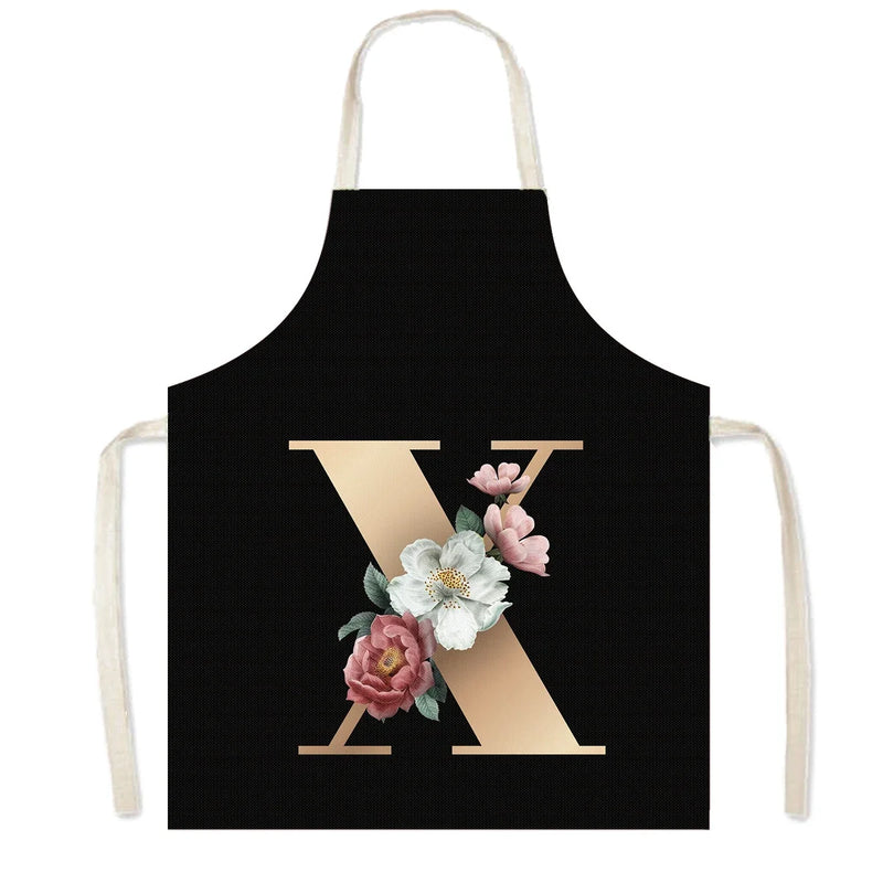 26 Initials Flower Print Kitchen Apron A-Z Letter Women Cooking Aprons BBQ Chef Waiter Home Baking Cleaning Tool Pinafore