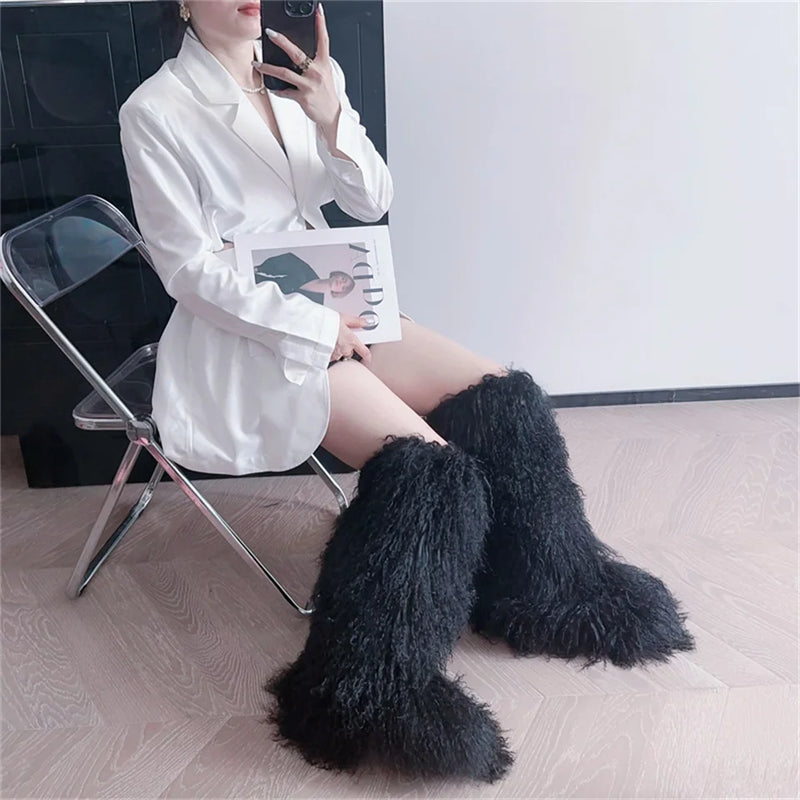 New Fashion Mongolia Fur Woman Snow Boots Fluffy Knee-High Boot Winter Women Fashion Snow Boot Warm Cotton Shoes