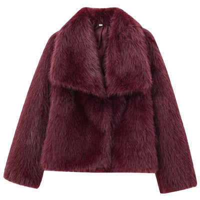 HXAO Women's Fur Coat Women 2024 Plush Burgundy Bomber Jacket Solid Crop Long Sleeve Jacket Warm Winter Coats Woman Casual Coats