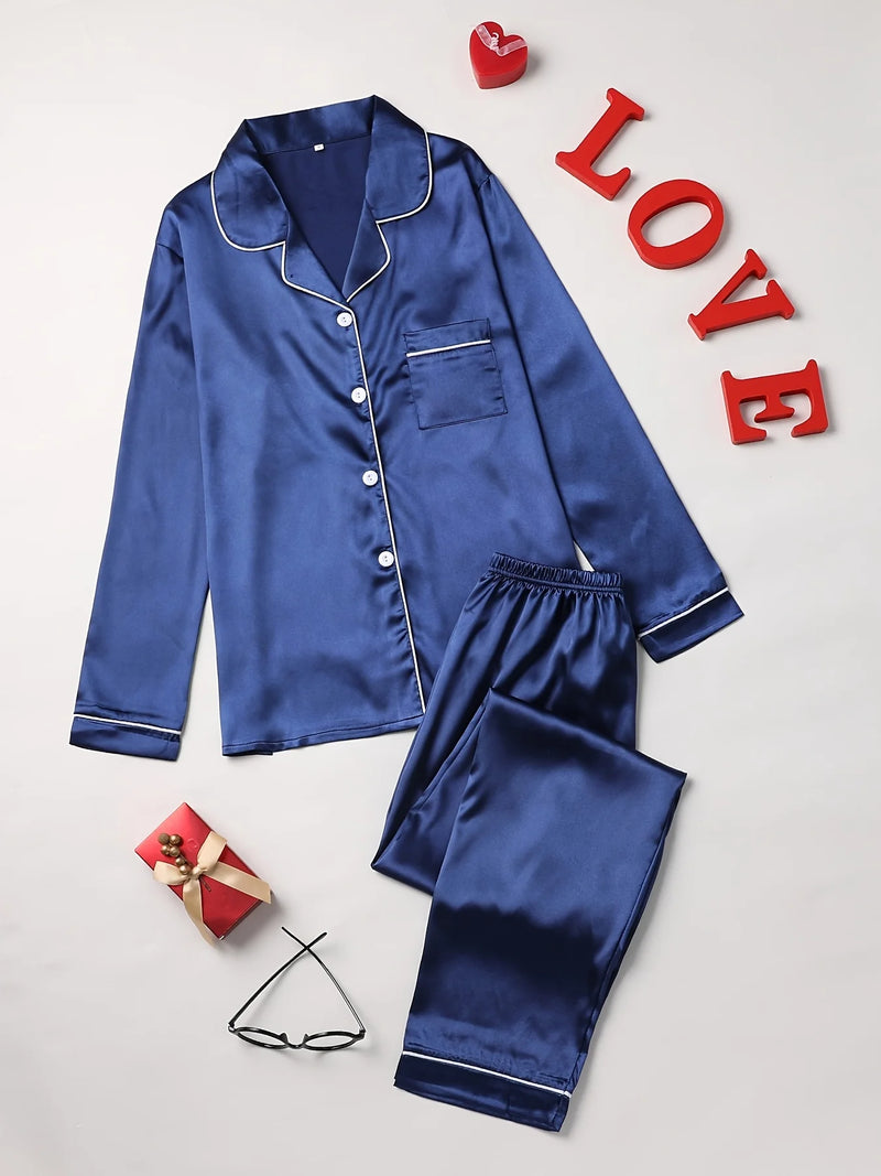 Solid Pajama Set Long Sleeve Button Up Lapel Top & Pants Pj Set Women&