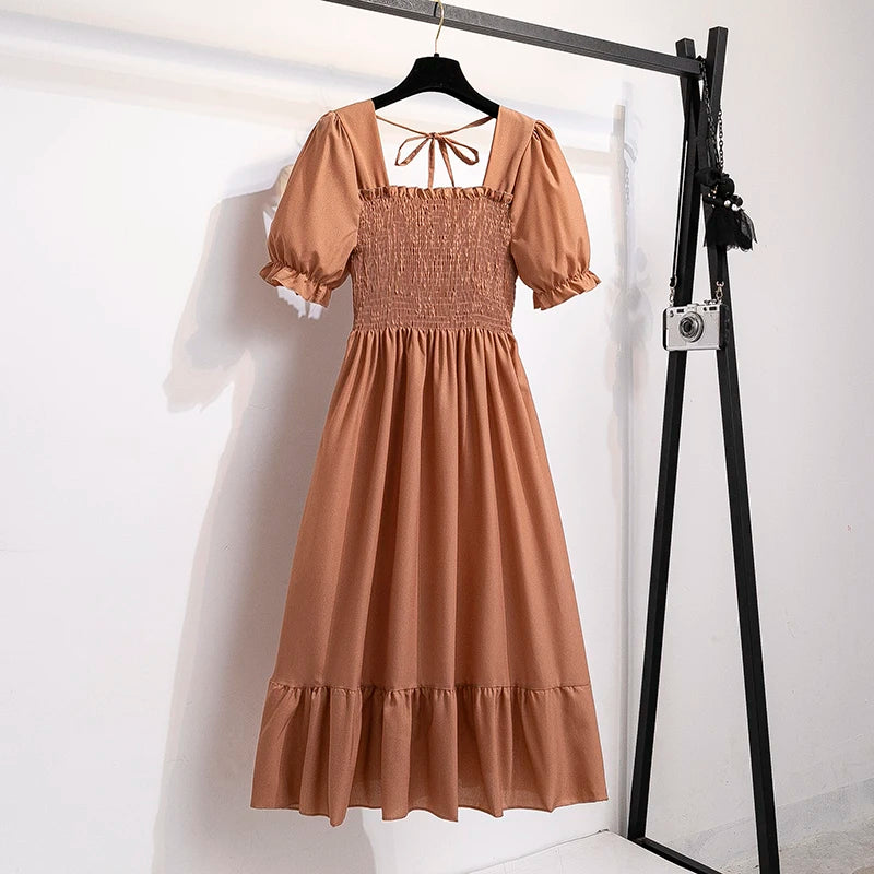 Spring Summer Chiffon Dresses Fashion Female Elastic Waist Short Sleeve Pleated Casual Dress Women A-line Dresses Vestidos