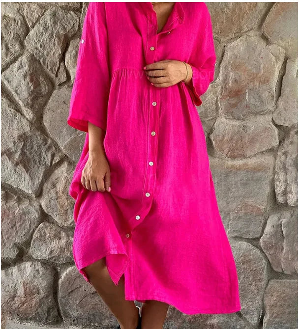 Spring Summer Women Cotton Linen Dress 2024 Fashion Loose Button Long Sleeve Shirt Dresses Solid Beach Party Pockets Dress Robe