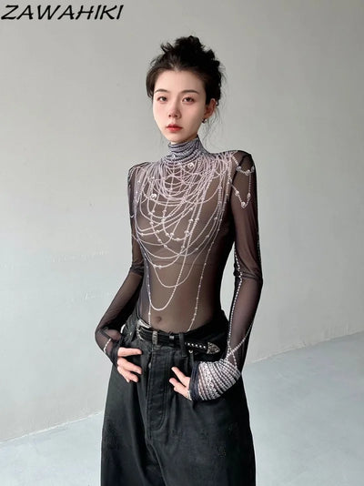 Graphic Long Sleeve T Shirts Women Gauze Transparent Slim Mesh Mock Neck Fashion Y2K Top Female Aesthetic Grunge Sexy Crop Tops