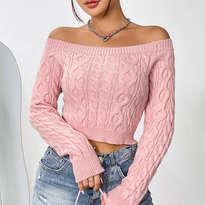 Autumn Women's Knitted Sweater Solid Color Sexy Short Style Autumn/Winter New One Piece Neck Off Shoulder Knitted Sweater 2024