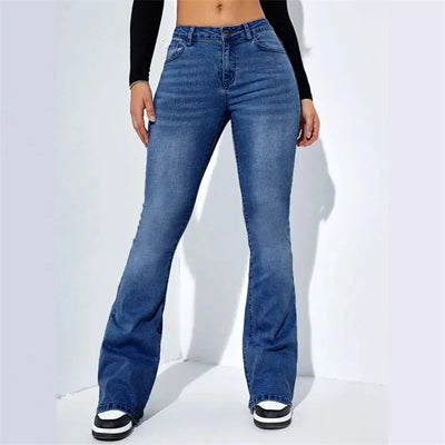 Fashion Women Commuter Slim Fit Jeans Mid Waist Micro Flared Denim Trousers Washable Floor-length Pants Female Casual Streetwear