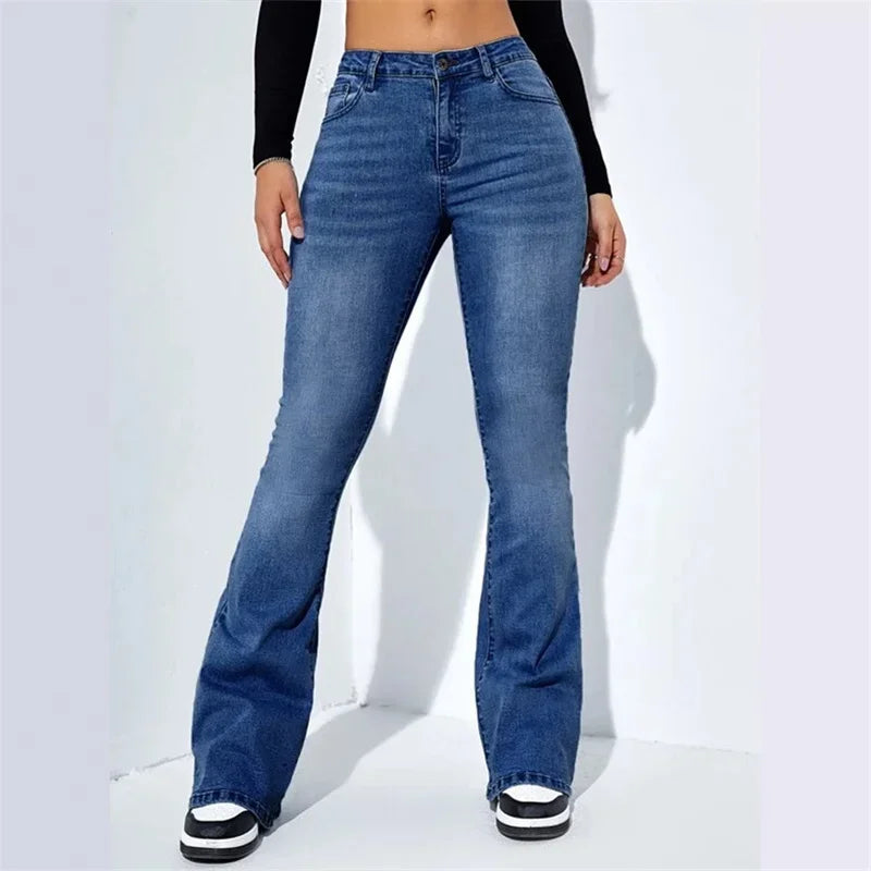 Fashion Women Commuter Slim Fit Jeans Mid Waist Micro Flared Denim Trousers Washable Floor-length Pants Female Casual Streetwear