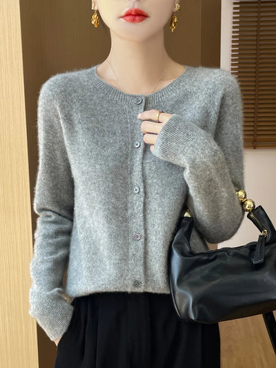 Autumn Winter Women 100% Merino Wool Sweater O-Neck Solid Color Cardigan Long Sleeve Clothing Cashmere Knitwear Bottoming Tops