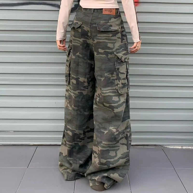 Women Y2K Camouflage Cargo Jeans Vintage High Waist Hip Hop Wide Leg Pants Female Street Wear Baggy Straight Denim Trouser