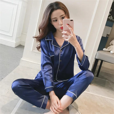 Couple Pajamas Set Sexy Ice Silk Satin Sleepwear Long Sleeve Pijama Female Home Suit Soft Loungewear Sleepsuit Winter Nightwear