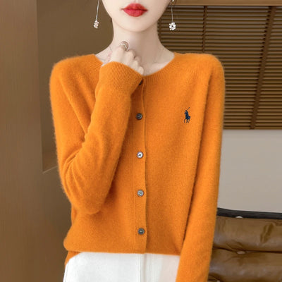 2024 Autumn/Winter Women's New Fashion Cashmere Embroidered Cardigan Women's O-neck Fashion Embroidered 100% Australian Wool