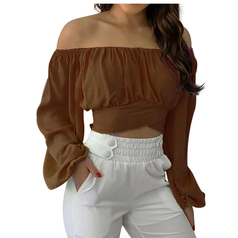 Sexy Slash Neck Backless Long Lantern Sleeve Floral Print Blouse Tops Summer Women Criss Cross Bandage Cropped T Shirt Tops