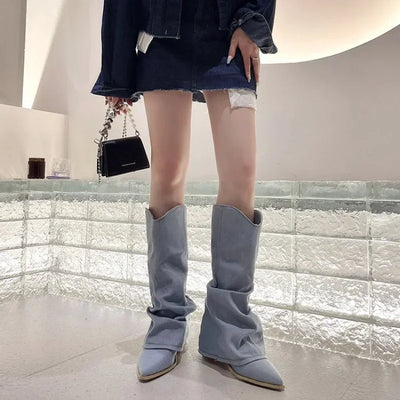 Women Pleats Blue Denim Thigh High Boots Autumn New Thick Heeled Pointed Toe Cowboy Boots Woman Slip On Western Long Boots