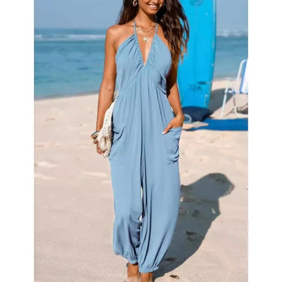 Women's Sexy Deep V-neck Pleated Jumpsuits 2025 New Summer Fashion Solid Color Pockets Halter Neck Backless Foot Binding outfits