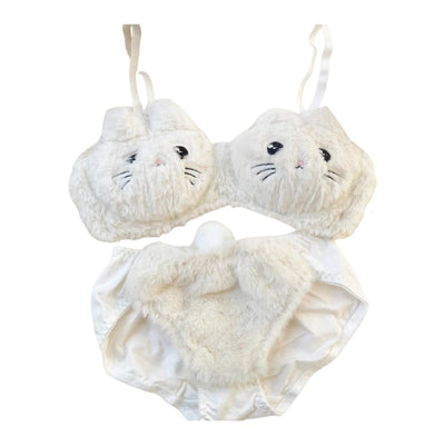 Funny Cats Underwear Set Faux Furs Bra Top and Panty Plush Lingerie Set Cartoon Lovely Bra Set Holiday Gifts for Womens