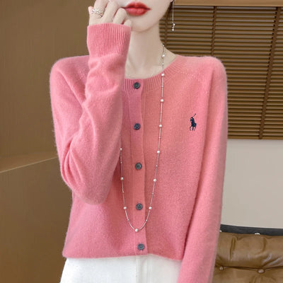 2024 Autumn/Winter Women's New Fashion Cashmere Embroidered Cardigan Women's O-neck Fashion Embroidered 100% Australian Wool