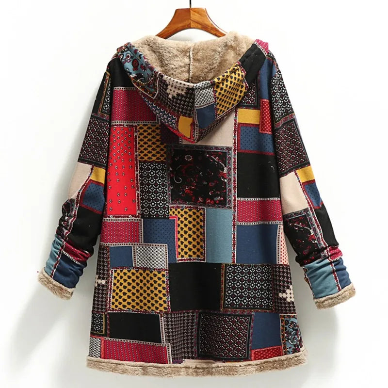 2023 Winter Vintage Women Coat Warm Printing Thick Fleece Hooded Long Jacket with Pocket Outwear Loose Jackets шерстяное пальто