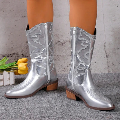 2024 Women's Cowboy Boots Embroidered Pointed Toe Thick Heel Ankle Western Boots Silver Tassel Cowgirl Women's Boots Zapatos