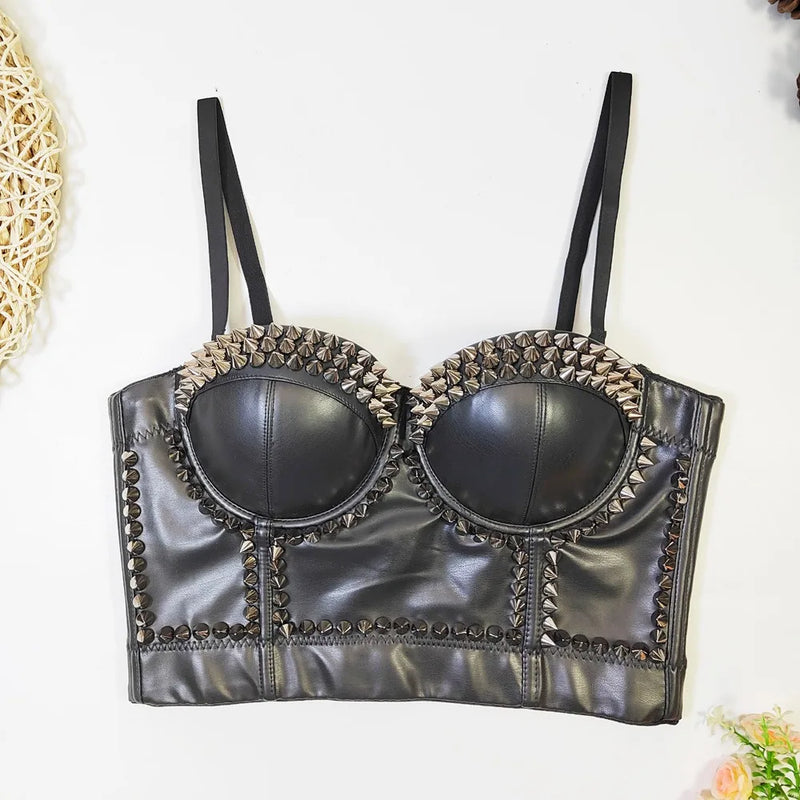 SXTHAENOO New Women Black PU Leather Corset Top Crop Bustier Bra Push Up Bodice Sexy Lingerie With Chest Pad Party Short Clothes