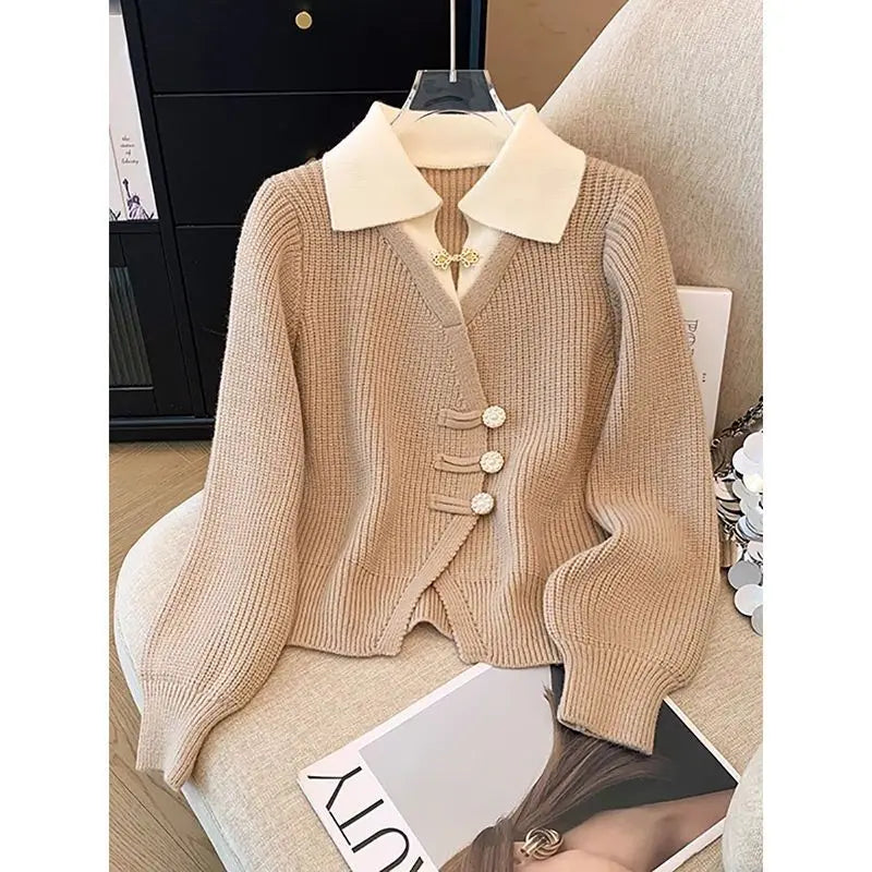 2024 autumn new design splicing two cardigans temperament sweater knitted top versatile autumn and winter coat