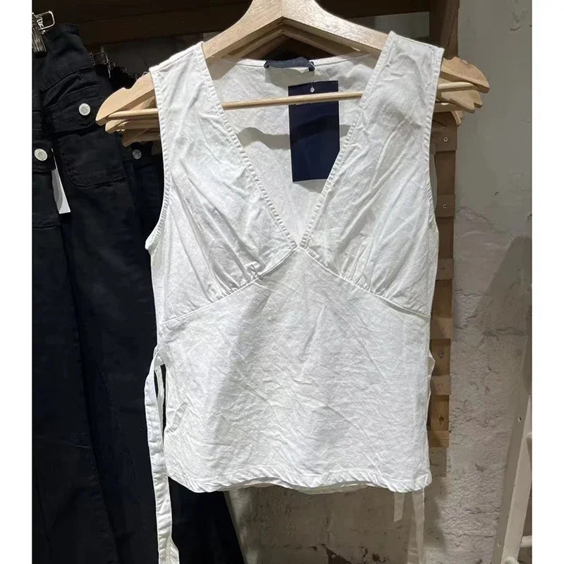 Women White Deep V Neck Tanks 2024 Summer Ladies Soft Sexy Cotton Slim Tank Tops Female Vintage Solid Sweet Vest