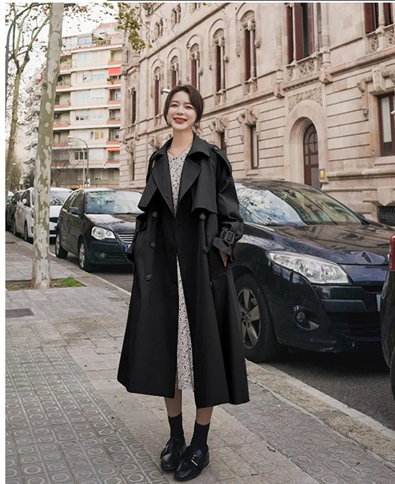 Womens Autumn Classic Double Breasted Long Trench Jacket with Belt Female Solid Color Lapels Windbreaker Winter Coat for Women