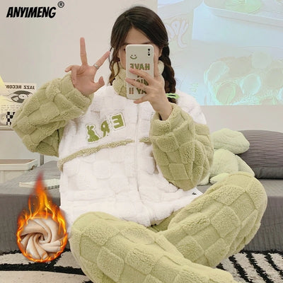 Winter Flannel Women Pajamas Zipper Lapel High-neck Sleepwear Sleepwear Thick Fluffy Loungewear Cardigan Pijamas sporty Homewear