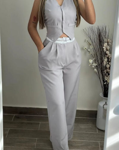 Women's Two Piece Elegant Commuting V-Neck Buttoned Vest Top and Contrast Paneled High Waist Pocket Design Wide Leg Pants Set