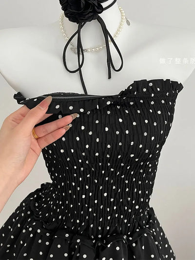 French Elegance Black Dot Print Strapless Dress Women Design Slim Chest wrapping One-Piece Frocks 3D Flower Halter Sexy Gyaru