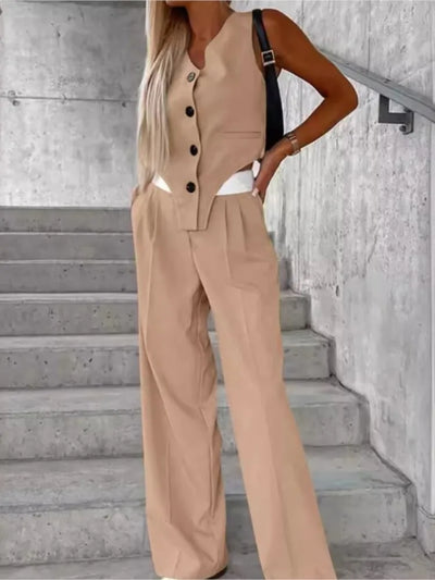 Women's Wide Leg Pant Suits V Neck Button Tanks Tops Pocket Loose Pants Outfits Two Piece Set For Women Irregular 2 Pcs/set 2025
