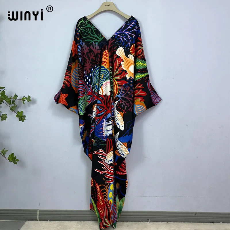 2023 Print Caftans for Women NEW fashion Beachwear WINYI Maxi robes beach V-neck Bohemian long dress Middle East Casual kaftan