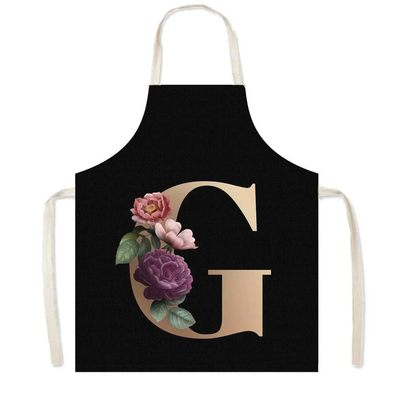 26 Initials Flower Print Kitchen Apron A-Z Letter Women Cooking Aprons BBQ Chef Waiter Home Baking Cleaning Tool Pinafore