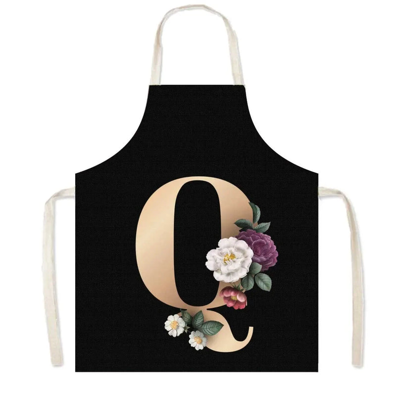 26 Initials Flower Print Kitchen Apron A-Z Letter Women Cooking Aprons BBQ Chef Waiter Home Baking Cleaning Tool Pinafore