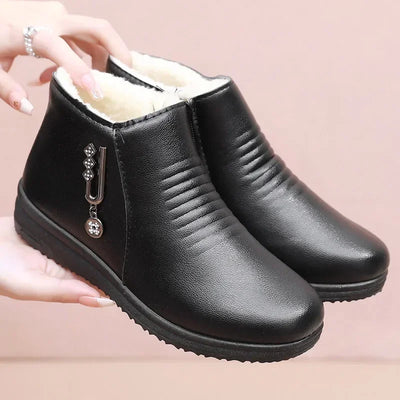 Leather Winter Boots Fashion Women Ankle Boots Plush Warm with Metal Mother Shoes Non-slip Short Boots Woman Botas De Mujer