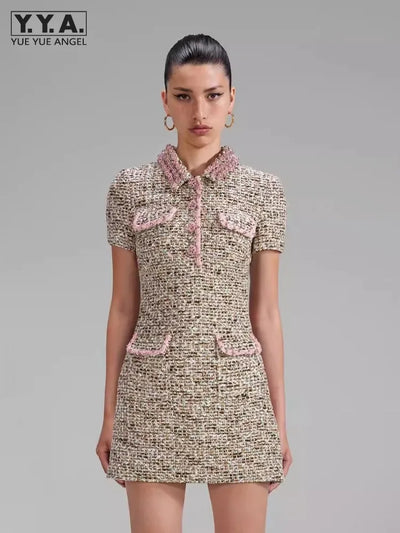 Designer Womem Slim Fit Diamonds Lapel Collar Tweed Dress Short Sleeve A Line Mini Dress Autumn Elegant Party Crystal Dresses