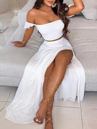 2-Piece Boho Chic Ensemble Off-Shoulder Smocked Tube Top&Floral High-Waist Split Maxi Skirt Summer Women Casual Wear Dress Sets