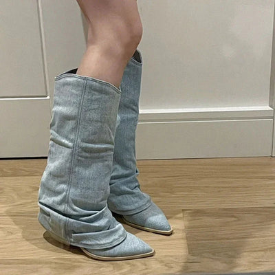 Women Pleats Blue Denim Thigh High Boots Autumn New Thick Heeled Pointed Toe Cowboy Boots Woman Slip On Western Long Boots