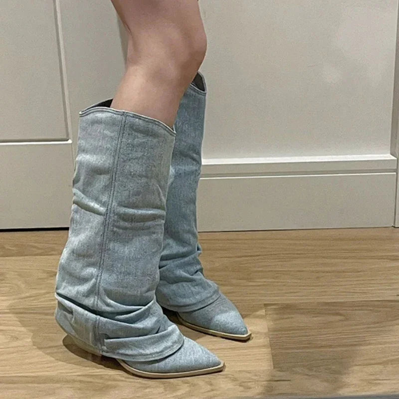 Women Pleats Blue Denim Thigh High Boots Autumn New Thick Heeled Pointed Toe Cowboy Boots Woman Slip On Western Long Boots