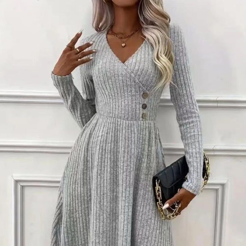 Autumn Winter Sweater Dress V Neck A-line Knitted Dress Long Sleeves Big Hem Midi Dress