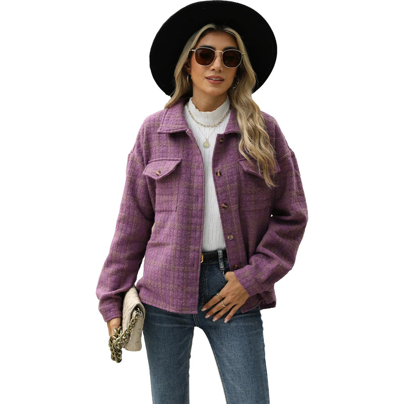 Women New Style Lapel Plaid Long Sleeve Loose Cardigan Woolen Coat for Women