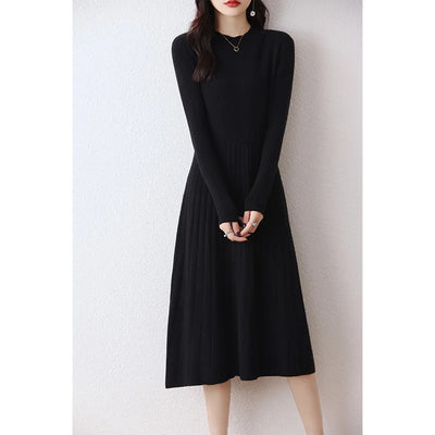 100% Merino Wool, Women's Autumn/Winter Dress, Elegant, Casual, Knitted, Top, Korean Style, Crew Neck, Warm