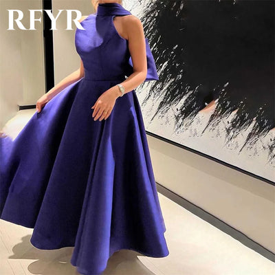 RFYR Purple Stain Prom Dress Sleeveless Halter Party Dress A Line Bow Celebrity Gowns with Pleats Wedding Party Dress Customized